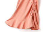 Collette Plus Size V Neck Wrap Neckline Side Scrunch Ribbon Tie Mermaid Hem Short Sleeve Dress (Pink, Black)