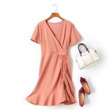 Collette Plus Size V Neck Wrap Neckline Side Scrunch Ribbon Tie Mermaid Hem Short Sleeve Dress (Pink, Black)