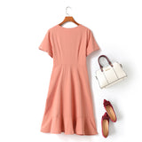 Collette Plus Size V Neck Wrap Neckline Side Scrunch Ribbon Tie Mermaid Hem Short Sleeve Dress (Pink, Black)