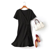 Collette Plus Size V Neck Wrap Neckline Side Scrunch Ribbon Tie Mermaid Hem Short Sleeve Dress (Pink, Black)