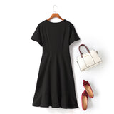 Collette Plus Size V Neck Wrap Neckline Side Scrunch Ribbon Tie Mermaid Hem Short Sleeve Dress (Pink, Black)