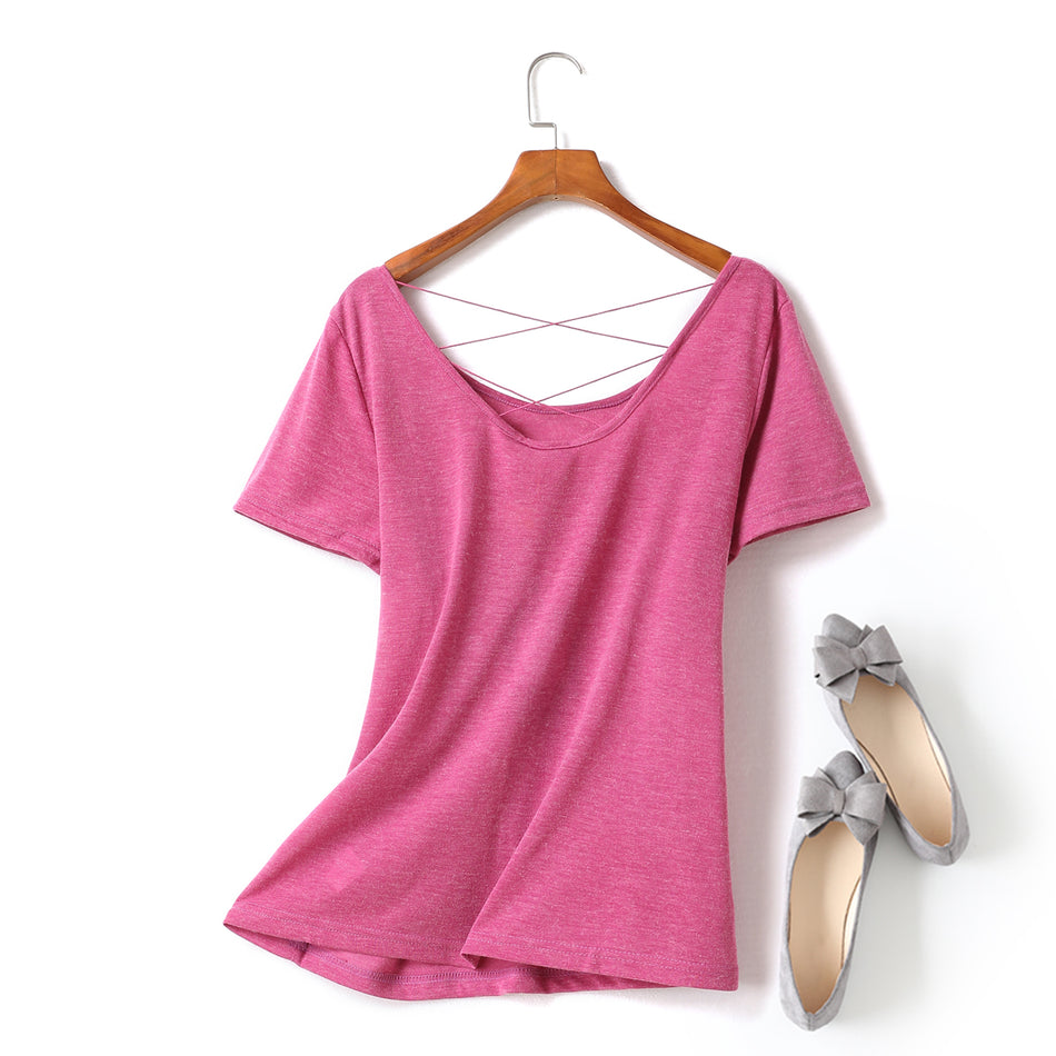 Ingrid Plus Size Criss Cross Round Neck Short Sleeve T Shirt Top (Black, White, Pink)