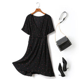 Emily Plus Size Tulip Flowers Print V Neck Wrap Neckline Waist Tie Short Sleeve Dress (Red, Yellow, Black)