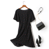 Emily Plus Size Tulip Flowers Print V Neck Wrap Neckline Waist Tie Short Sleeve Dress (Red, Yellow, Black)