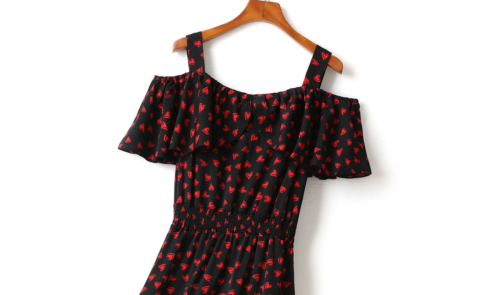 Gabrielle Plus Size Hearts Print Tier Off Shoulder Short Sleeve Midi Dress (Black)