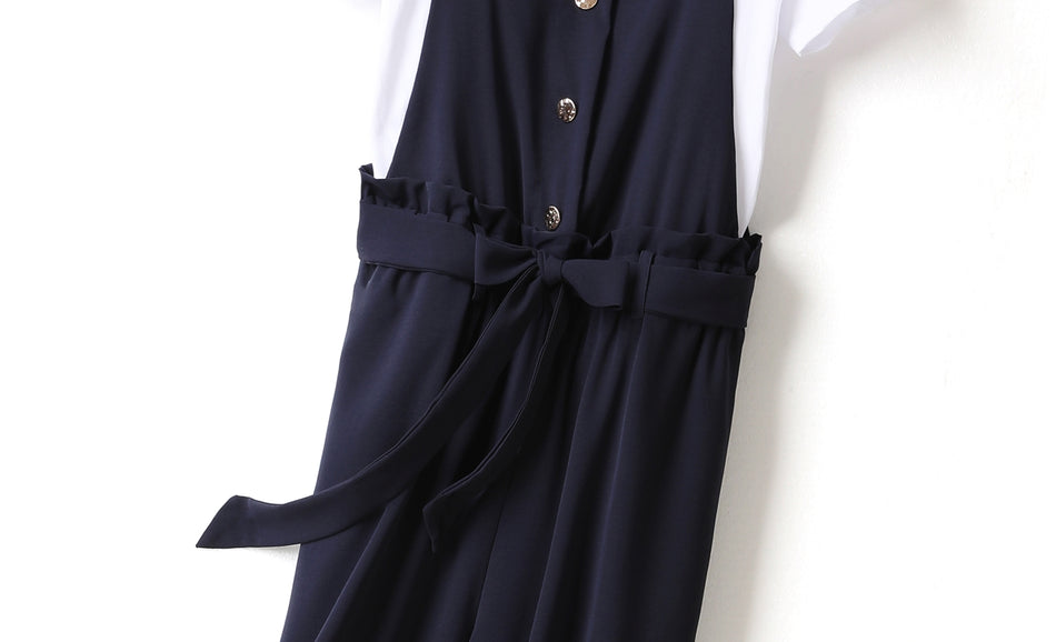 Hazel Plus Size White Short Sleeve T Shirt Top and Blue Sleeveless Jumpsuit Romper Set