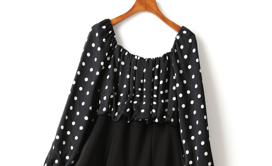 (2 Way Wear!) Hope Plus Size Polka Dots Colour Block Swing Off Shoulder Long Sleeve Dress (Black)