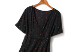Emily Plus Size Tulip Flowers Print V Neck Wrap Neckline Waist Tie Short Sleeve Dress (Red, Yellow, Black)
