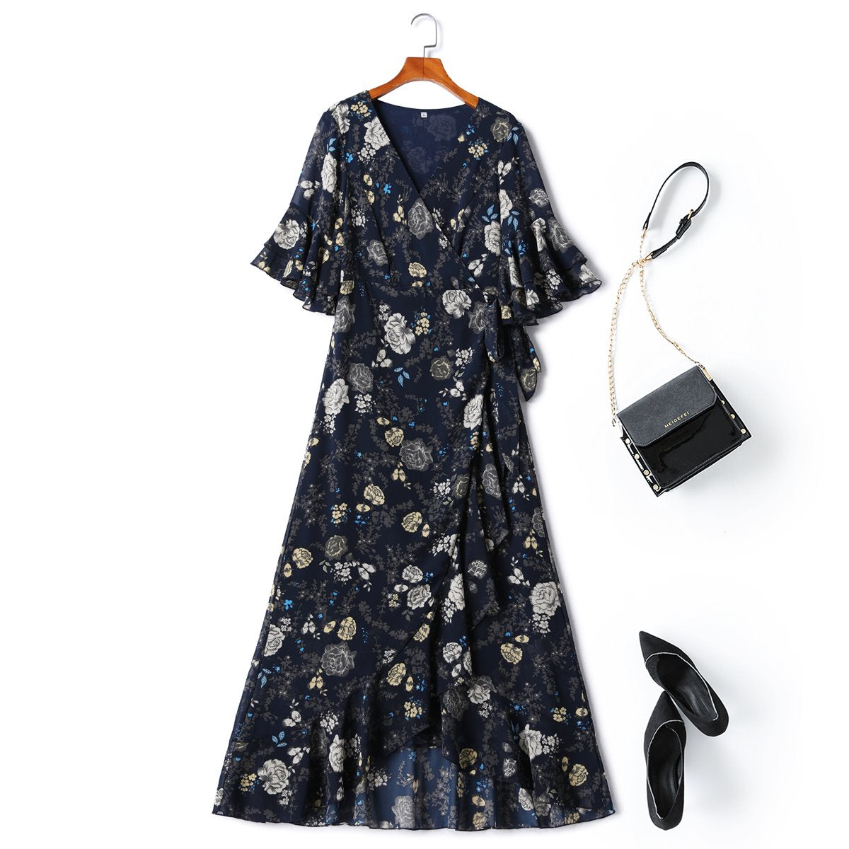 Plus Size Bell Sleeves Round Neck Maxi Flare Dress With Belt and Pockets