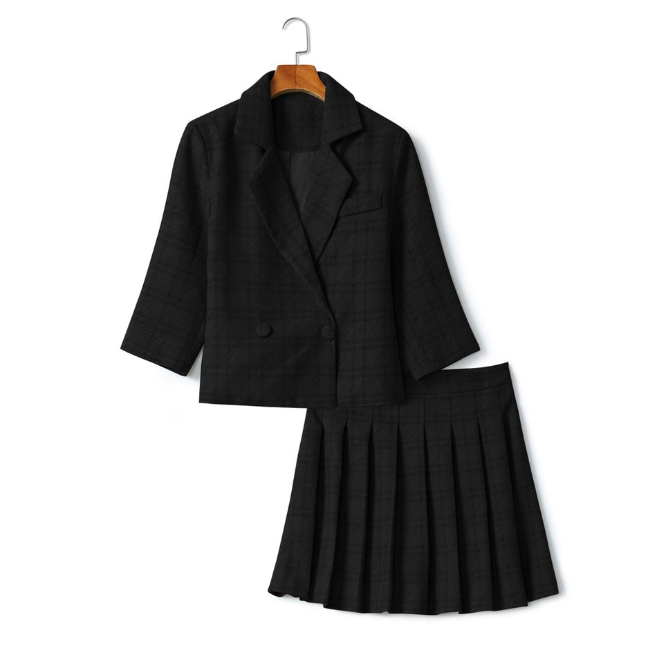 Plus Size Cropped Blazer with Pleat Skirt Set - Black