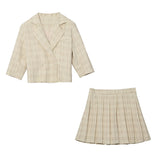 Plus Size Cropped Blazer with Pleat Skirt Set - Cream Color