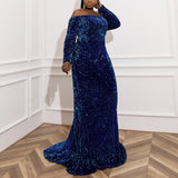 Plus Size Blue Off Shoulder Gown