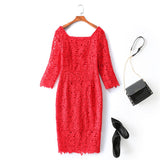 Pierrette Plus Size Square Neck Red Lace Formal Dress