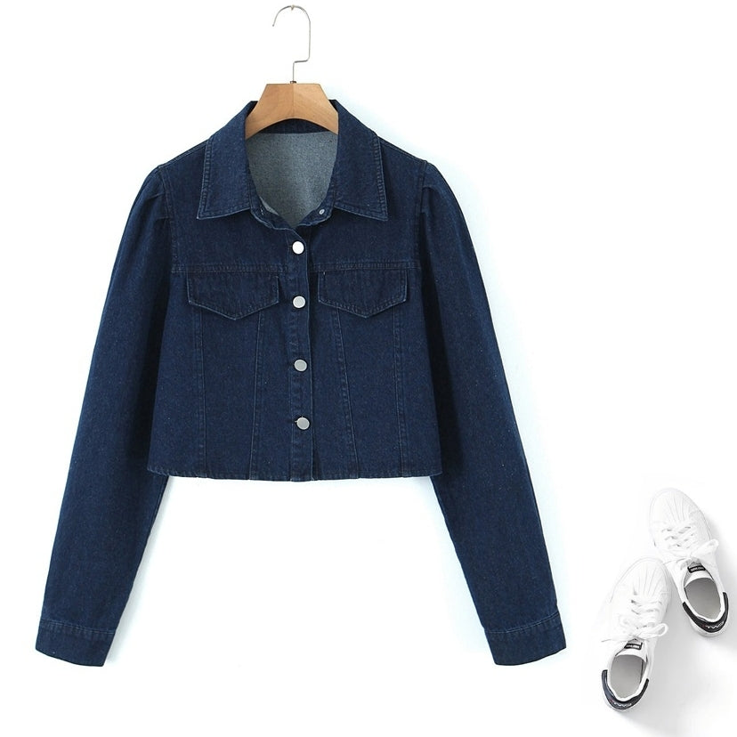 Plus Size Puff Sleeve Crop Denim Jacket