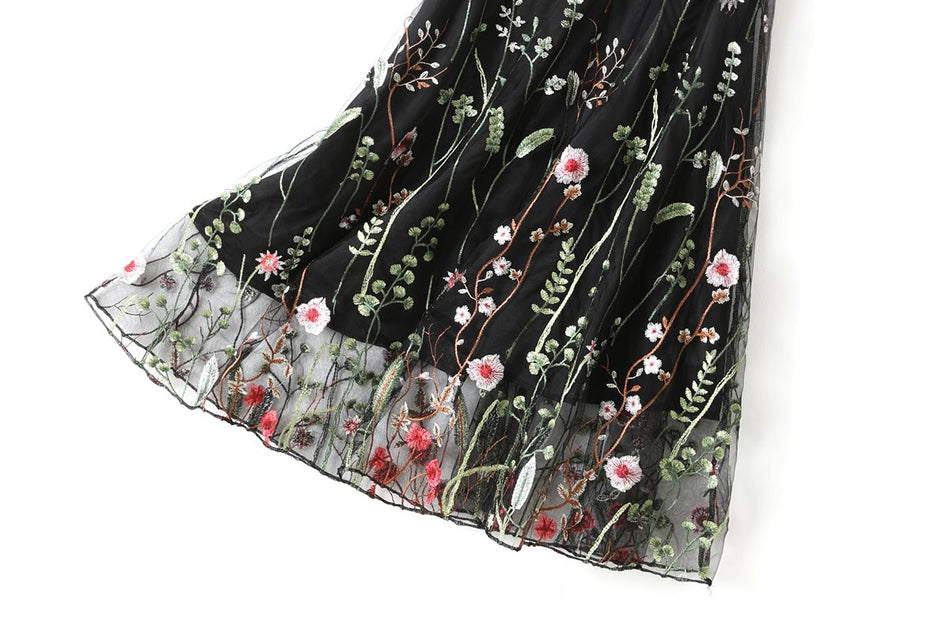 Plus Size Black Floral Embroidery Dress with flattering A Line skirt