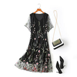Plus Size Black Floral Embroidery Dress with Short Sleeves