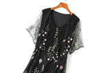 Plus Size Black Floral Embroidery Dress with v neck and flattering neckline