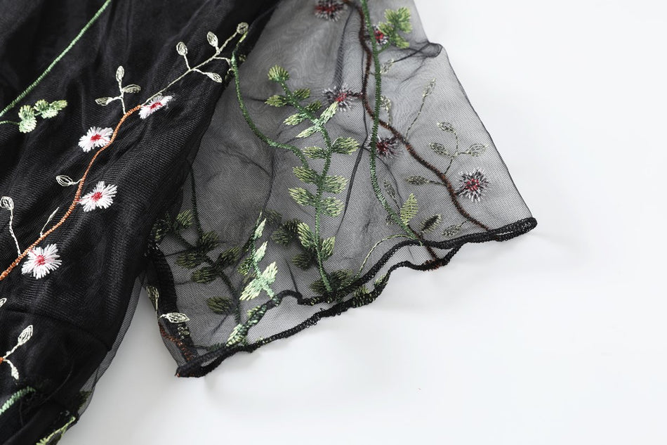 Plus Size Black Floral Embroidery Dress with short sleeves for arm coverage