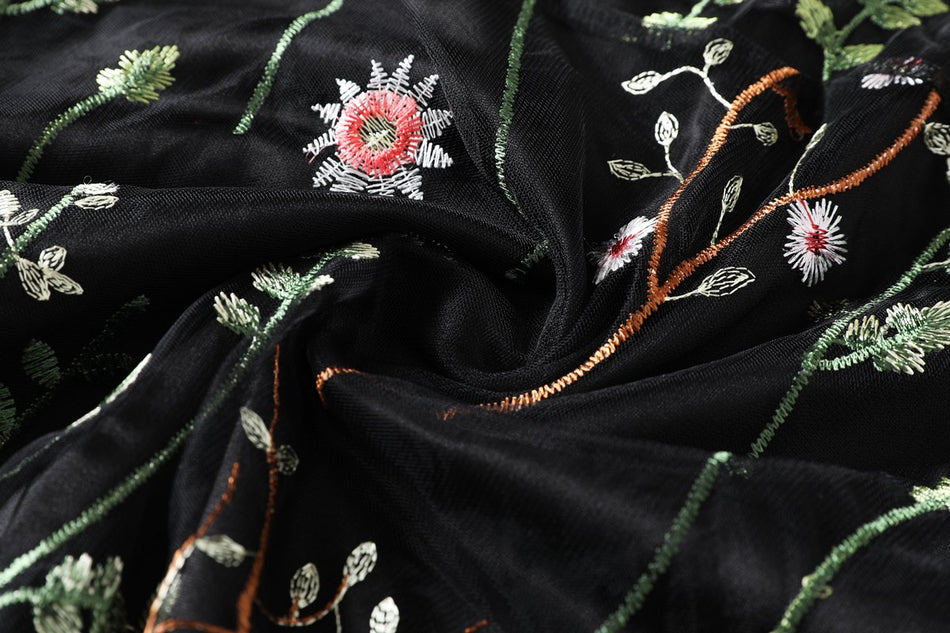 Plus Size Black Floral Embroidery Dress with feminine pattern