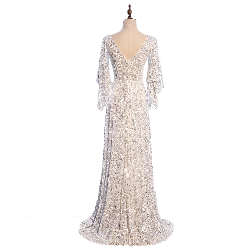 Plus Size Flutter Sleeve Surplice Beaded Gown In French Blue main image 0