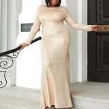 Plus Size Gold Long Sleeve Gown - Front