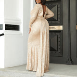 Plus Size Gold Long Sleeve Gown - Back