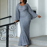 Plus Size Silver Long Sleeve Gown