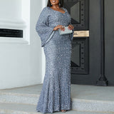 Plus Size Silver Long Sleeve Gown
