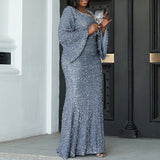 Plus Size Silver Long Sleeve Gown