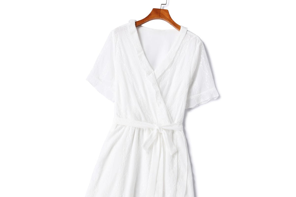 plus size white wrap dress Plus Size White Embroidery Wrap Dress White / 2XL