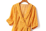 Isabella Plus Size Polka Dots V Neck Wrap Neckline Waist Tie Short Sleeve Dress (Yellow, Black, White)