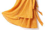 Isabella Plus Size Polka Dots V Neck Wrap Neckline Waist Tie Short Sleeve Dress (Yellow, Black, White)