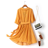 Isabella Plus Size Polka Dots V Neck Wrap Neckline Waist Tie Short Sleeve Dress (Yellow, Black, White)