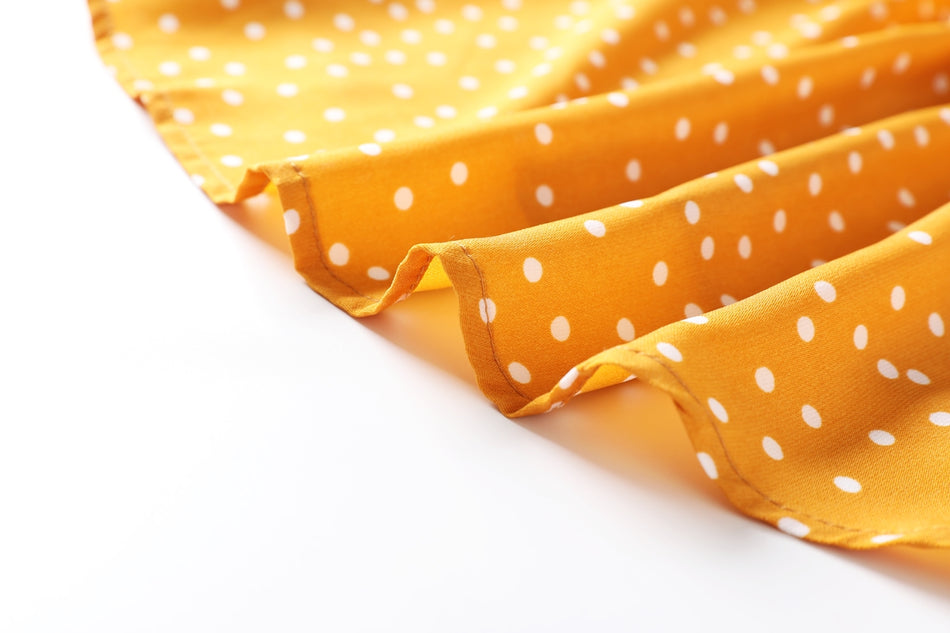 Isabella Plus Size Polka Dots V Neck Wrap Neckline Waist Tie Short Sleeve Dress (Yellow, Black, White)