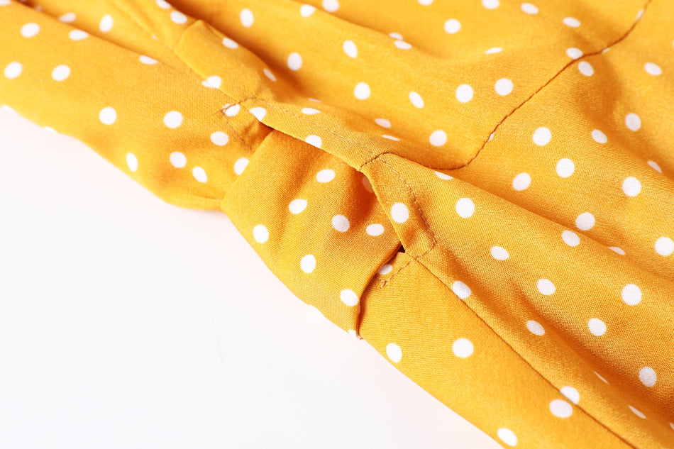 Isabella Plus Size Polka Dots V Neck Wrap Neckline Waist Tie Short Sleeve Dress (Yellow, Black, White)