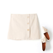 Luna Plus Size Gold Stars Embroidery Woolen Mini Skirt (Cream, Black)