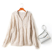 Maisie Plus Size Hoodie Zip Up Cable Knit Cardigan Knit Sweater Jacket (Cream, Pink)