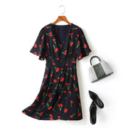 Mila Plus Size Cute Cherry Print V Neck Short Sleeve Dress (Blue)