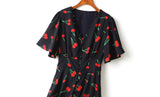 Mila Plus Size Cute Cherry Print V Neck Short Sleeve Dress (Blue)