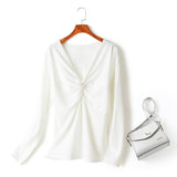 Lilly Plus Size Twist V Neck Ribbed Knit Long Sleeve T Shirt Blouse (Black, White)