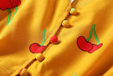 Linda Plus Size Cute Cherry Print Yellow V Neck Short Sleeve Dress